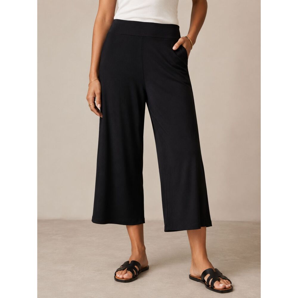 Eileen Fisher Washable Stretch Crepe Cropped Wide Leg Pants Black Size M NWT